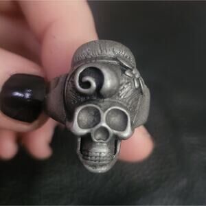size 9 gray rockabilly skull goth pinup girl ring with up-do